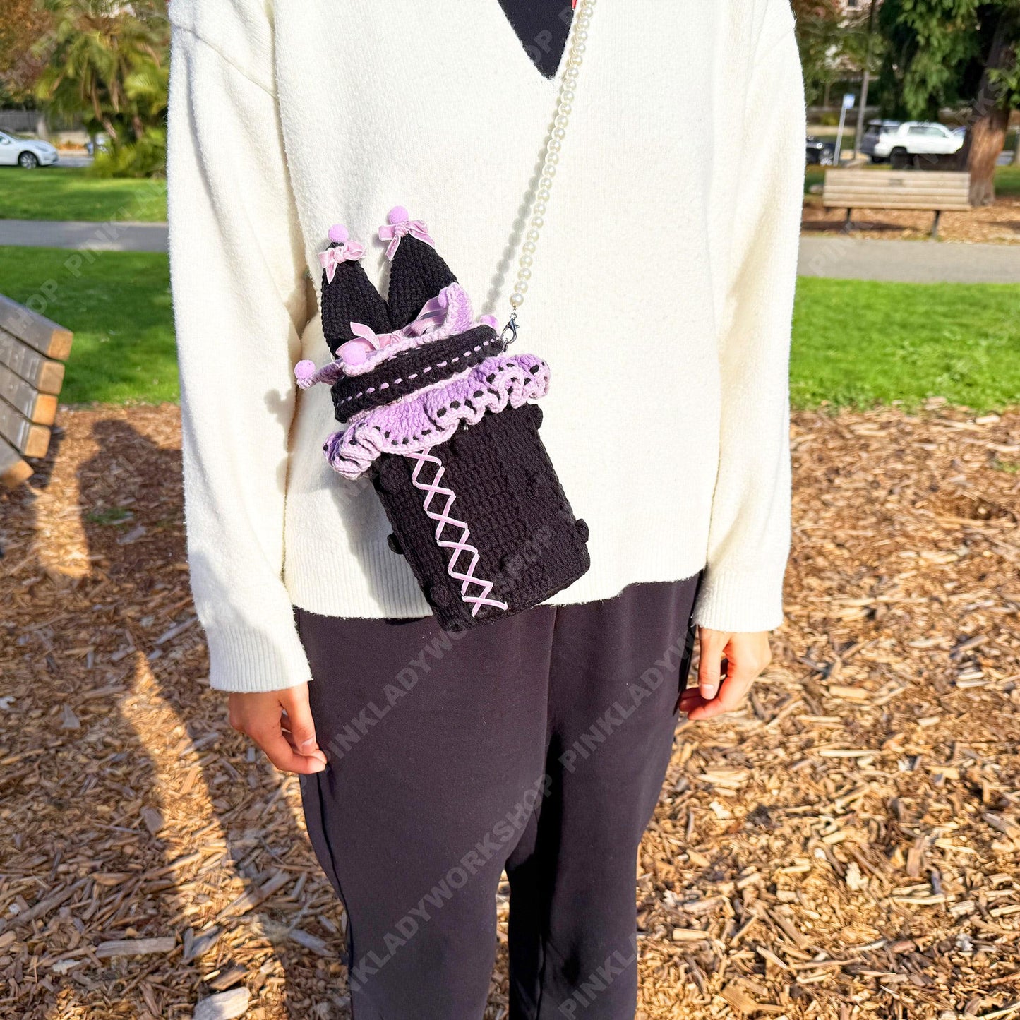 Kawaii Anime Bunny Bag | Japanese Anime Crochet Bottle Purse | Gothic Lolita Crossbody | Purple Black Pearl Strap Handmade Gift