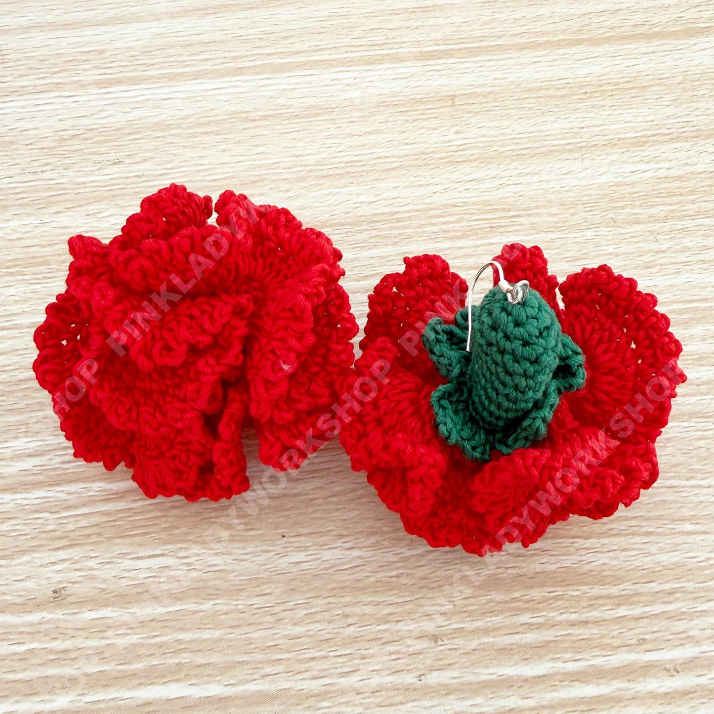 Handmade Crochet Carnation Earrings | Red Yarn Floral Dangles