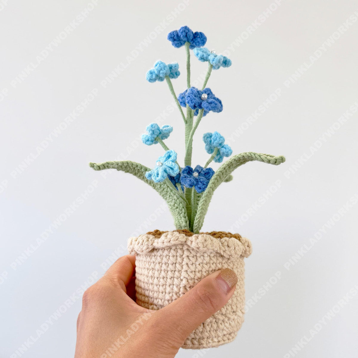 Crochet Forget-Me-Not Plant, Handmade Blue Flowers in Cream Pot