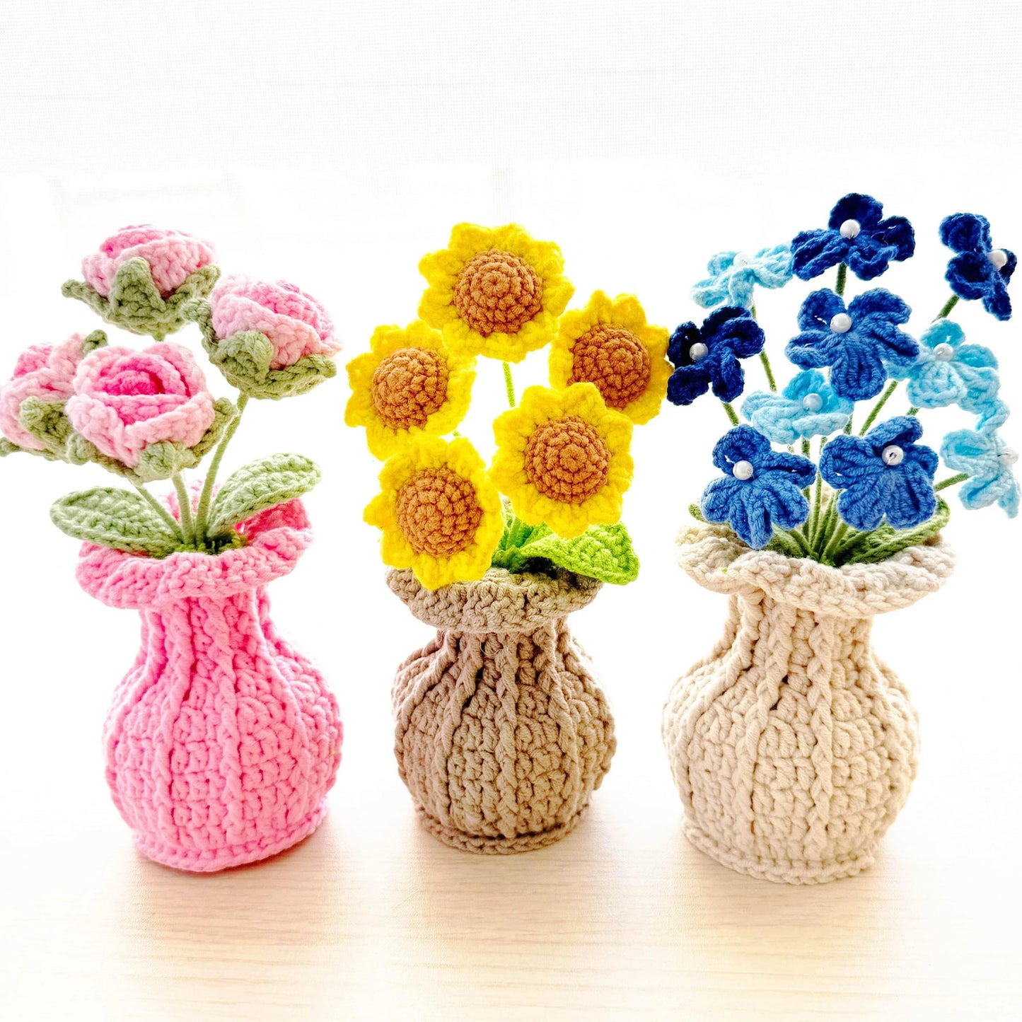 Handmade Crochet Flower Vase: Sunflower, Rose, Forget-Me-Not