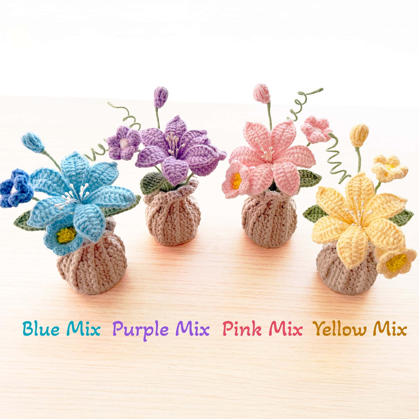 Handmade Crochet Flower Vase: Sunflower, Rose, Forget-Me-Not