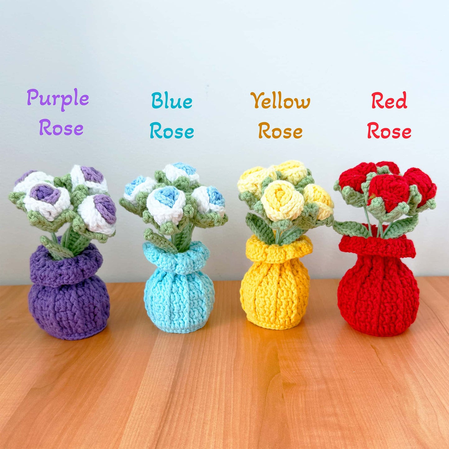 Handmade Crochet Flower Vase: Sunflower, Rose, Forget-Me-Not