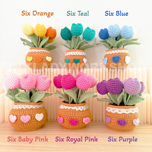 Handmade Crochet Flower Pot (included) Vase (included) | Pink Tulip Decor | Pink Crochet Flower | Decorative Plants | Crochet Flowers