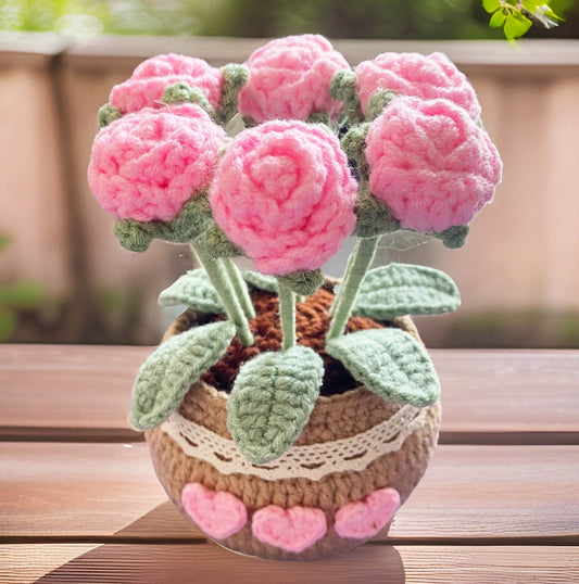 Handmade Finished Crochet Pink Rose Pot | Rose Decor | Cute Crochet Flower | Decorative Plants | Crochet Flowers | Home Decor