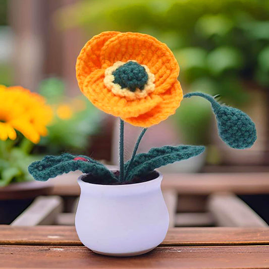 Handmade Finished Crochet Poppy Flower Pot | Red Pink Blue White Orange Green | Cute Home Desk Office Decor | Gift Birthday Anniversary
