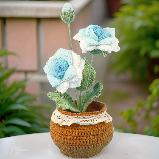 Handmade Crochet Pink Rose Chinensis Pot | Flower Decor | Decorative Plants | Home Decor | Gift For Girlfriend Wife Valentine | Anniversary
