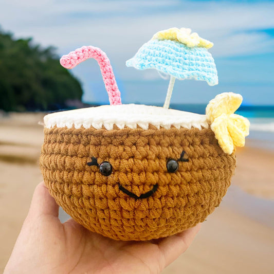 Handmade Coconut Cocktail Plushie | Finished Crochet Cocktail | Coconut Plushie | Vacation Gifts | Alcohol Plushie | Coconut Shell Decor