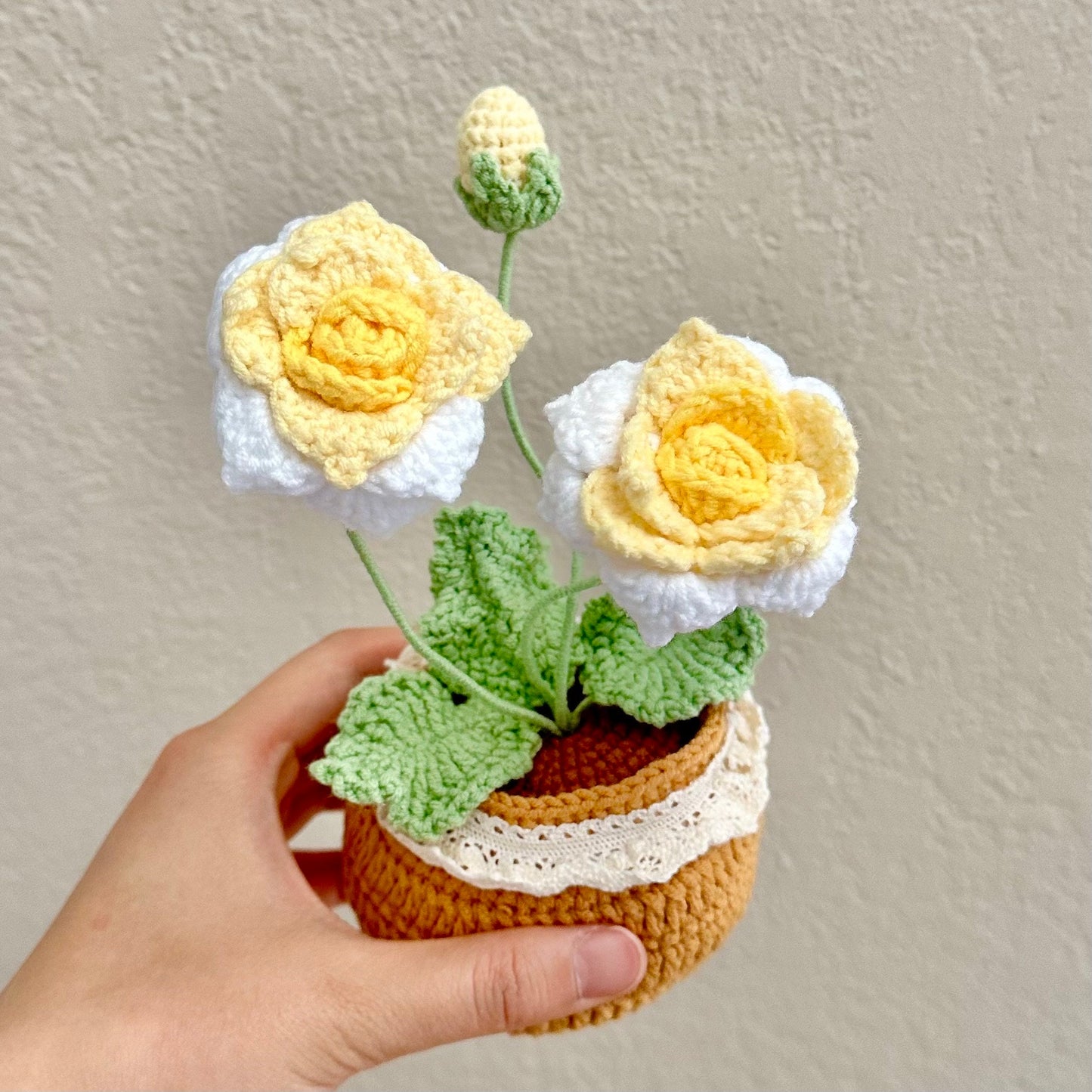Handmade Crochet Pink Rose Pot: Yarn Flower Decor, 8" Tall