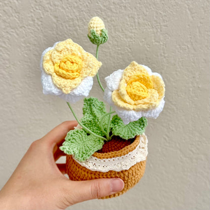 Handmade Crochet Pink Rose Pot: Yarn Flower Decor, 8" Tall