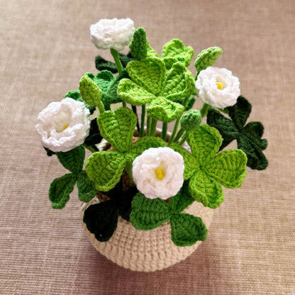 Finished Handmade Crochet Clover Flower Pot Plant | Lucky Leaves | White Green Home Decor | St Patrick's Day Graduation Birthday