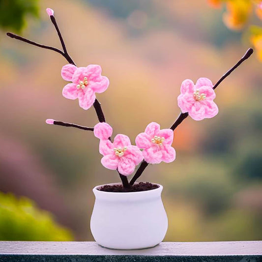 Handmade Crochet Plum Blossom | Sakura Decor | Cherry Blossoms Crochet Pot | Japanese Flowers | Decorative Plants