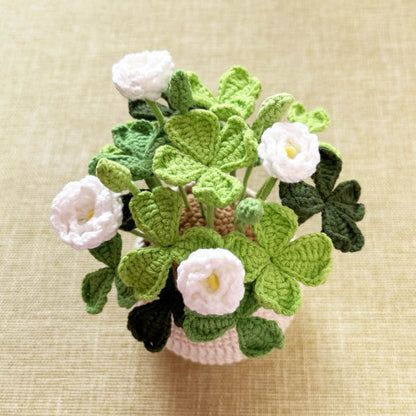 Finished Handmade Crochet Clover Flower Pot Plant | Lucky Leaves | White Green Home Decor | St Patrick's Day Graduation Birthday