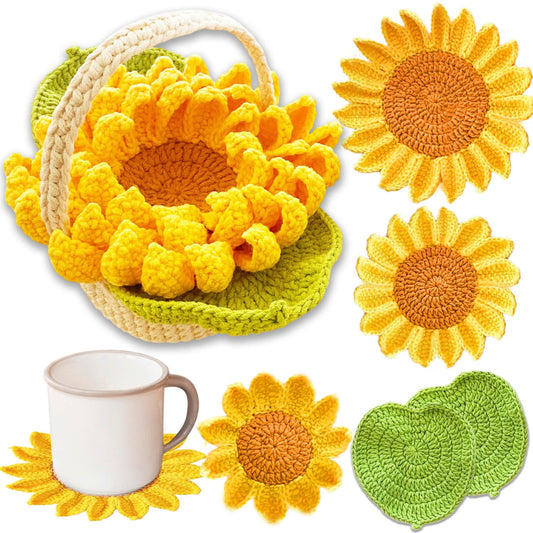 Handmade Coasters 5PCS Crochet Sunflower | Decorative Coasters | Flower Basket Coasters | Crochet Flowers | House Warning Gift