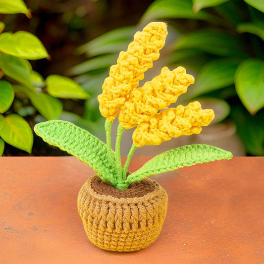 Handmade Finished Crochet Barley Wheat Flower Pot Plants | Yellow Home Living Room Desk Decor | Dried Flowers | Gift for Mom Friend
