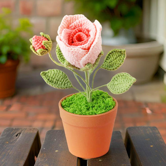 Handmade Crochet Rose Plant: Yarn Flower Pot Decor
