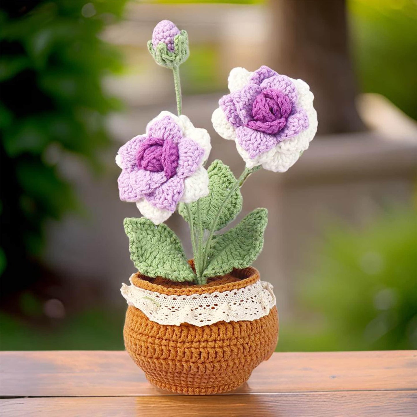 Handmade Crochet Pink Rose Chinensis Pot | Flower Decor | Decorative Plants | Home Decor | Gift For Girlfriend Wife Valentine | Anniversary