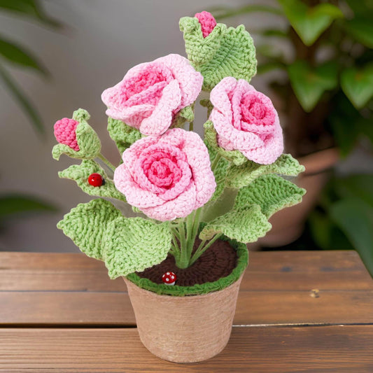 Handmade Crochet Pink Rose Pot | Flower | Decorative Plants | Home Decor | Gift For Girlfriend Wife Valentine | Anniversary