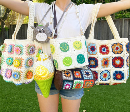 Handmade Crochet Blue Rose Granny Square Tote Bag | White Blue Green | Gift for Girlfriend Wife Mom | Craft Present | Grocery
