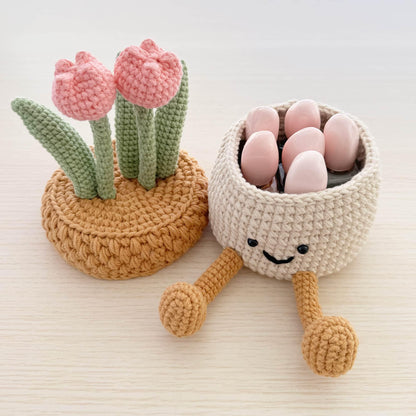 Handmade Tulip Plush | Jewelry Box | Phone Holder | Organizer | Pink Green | Plant Flower Container | Birthday | Christmas