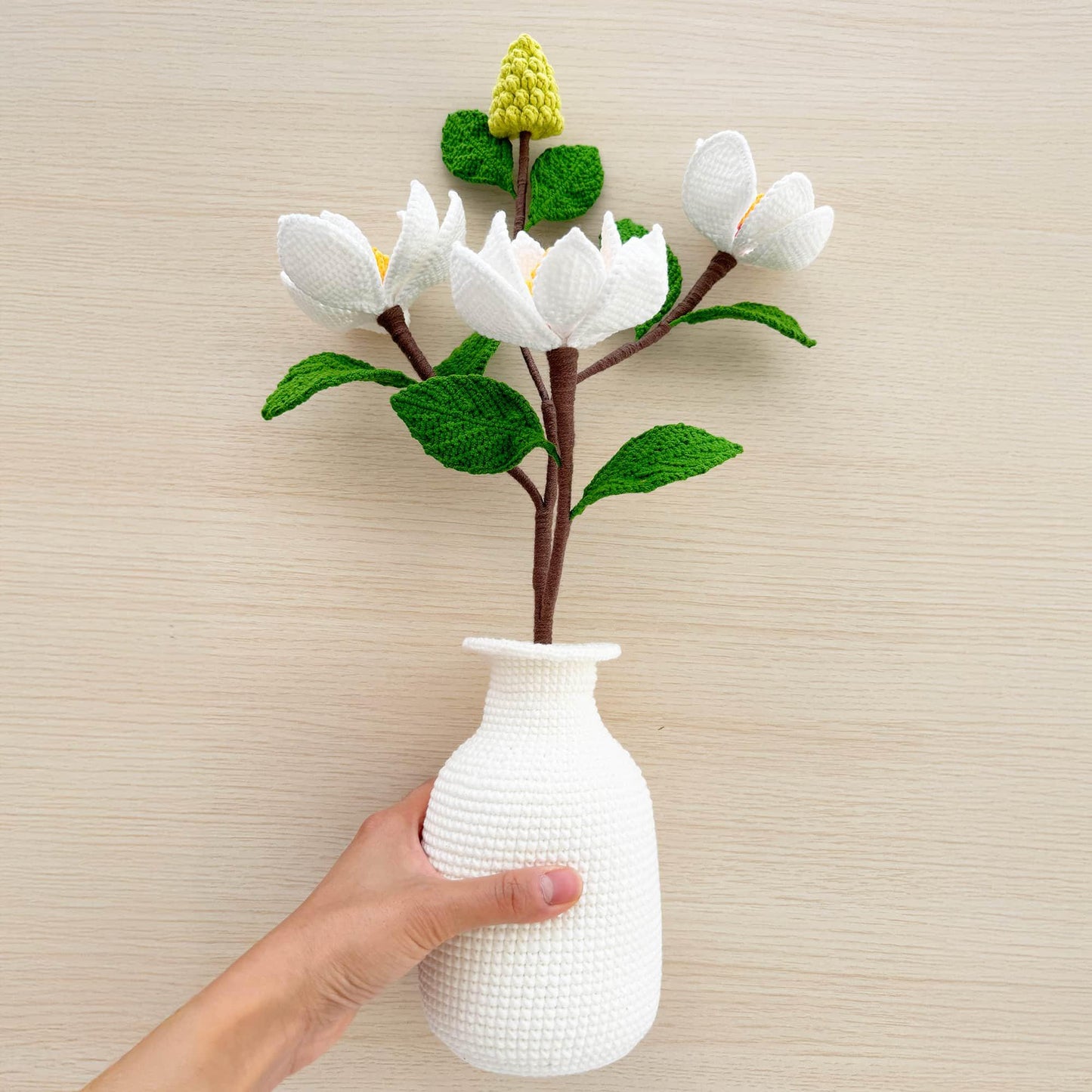 Handmade Crochet Magnolia + Vase | White Green Orange | Bull Bay | Southern Magnolia Grandiflora | Dried Flower | Mississippi