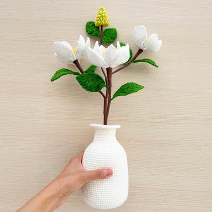 Handmade Crochet Magnolia + Vase | White Green Orange | Bull Bay | Southern Magnolia Grandiflora | Dried Flower | Mississippi
