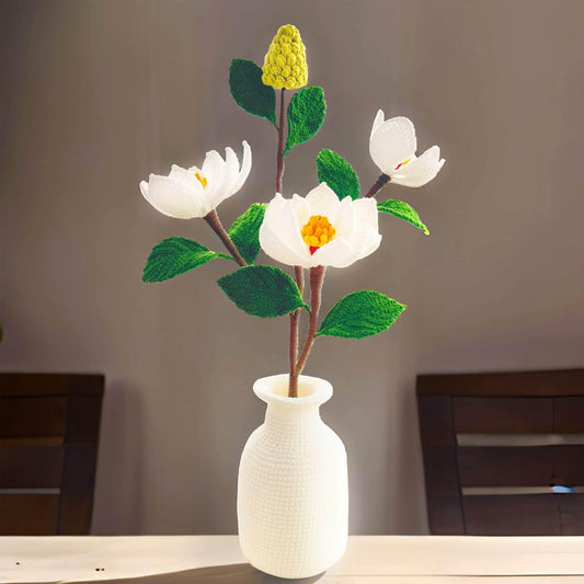 Handmade Crochet Magnolia + Vase | White Green Orange | Bull Bay | Southern Magnolia Grandiflora | Dried Flower | Mississippi