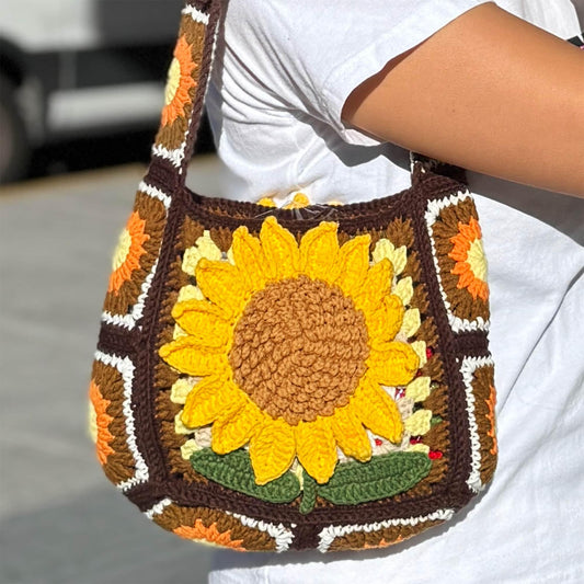 Handmade Crochet Sunflower Granny Square Shoulder Bag | Brown Yellow Orange | Gift for Girlfriend Wife Mom | Craft Present