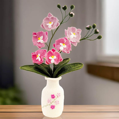 Handmade Crochet Moth Orchid + Vase | Flower Bonsai | Home Living Room Lobby Decor | White Pink Green | Dried Fake Flower