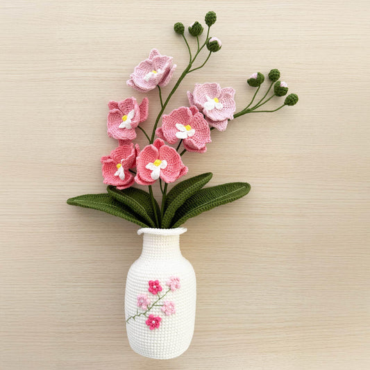 Handmade Crochet Moth Orchid + Vase | Flower Bonsai | Home Living Room Lobby Decor | White Pink Green | Dried Fake Flower
