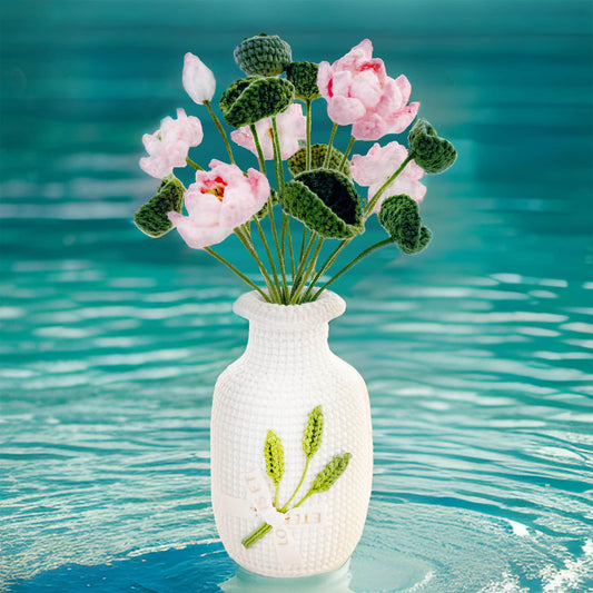 Handmade Crochet Lotus + Vase | water lily | Zen Home Decor | Crocheted Flower | Yoga Room | Living Room | Pink Green White | Meditation