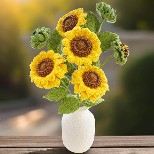 Handmade Crochet Sunflower Bouquet + Vase  | Crocheted Flower | White Yellow Brown | Decorative Plants | Gift for Mother Wife
