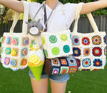 Handmade Crochet Smiley Face Granny Square Crossbody Bag | Purse | Adjustable Strap | Green White | Knitted | Handcrafted | Positivity