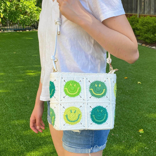 Handmade Crochet Smiley Face Granny Square Crossbody Bag | Purse | Adjustable Strap | Green White | Knitted | Handcrafted | Positivity