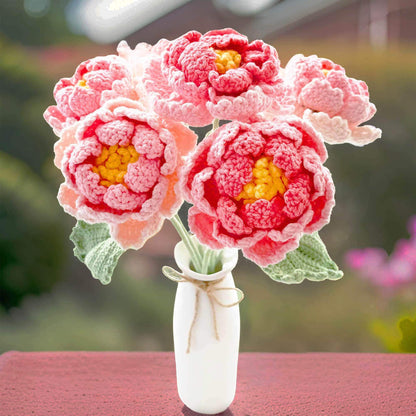Handmade Crochet Peony Flower Stems (no vase) | Pink | Bouquet | Gift for Mom Girlfriend Teacher | Artificial Plant | Flowers Arrangement