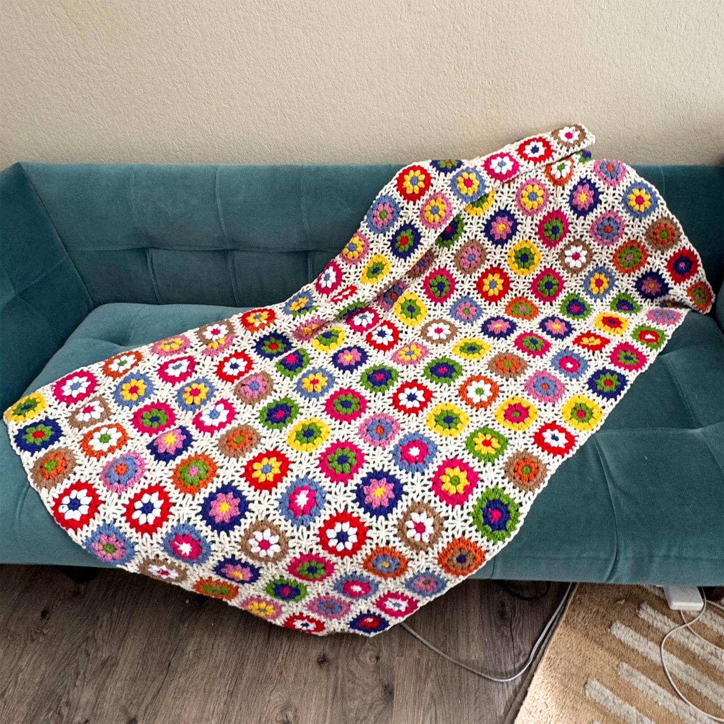 Handmade Crochet Granny Square Throw Blanket: Colorful Sofa Decor