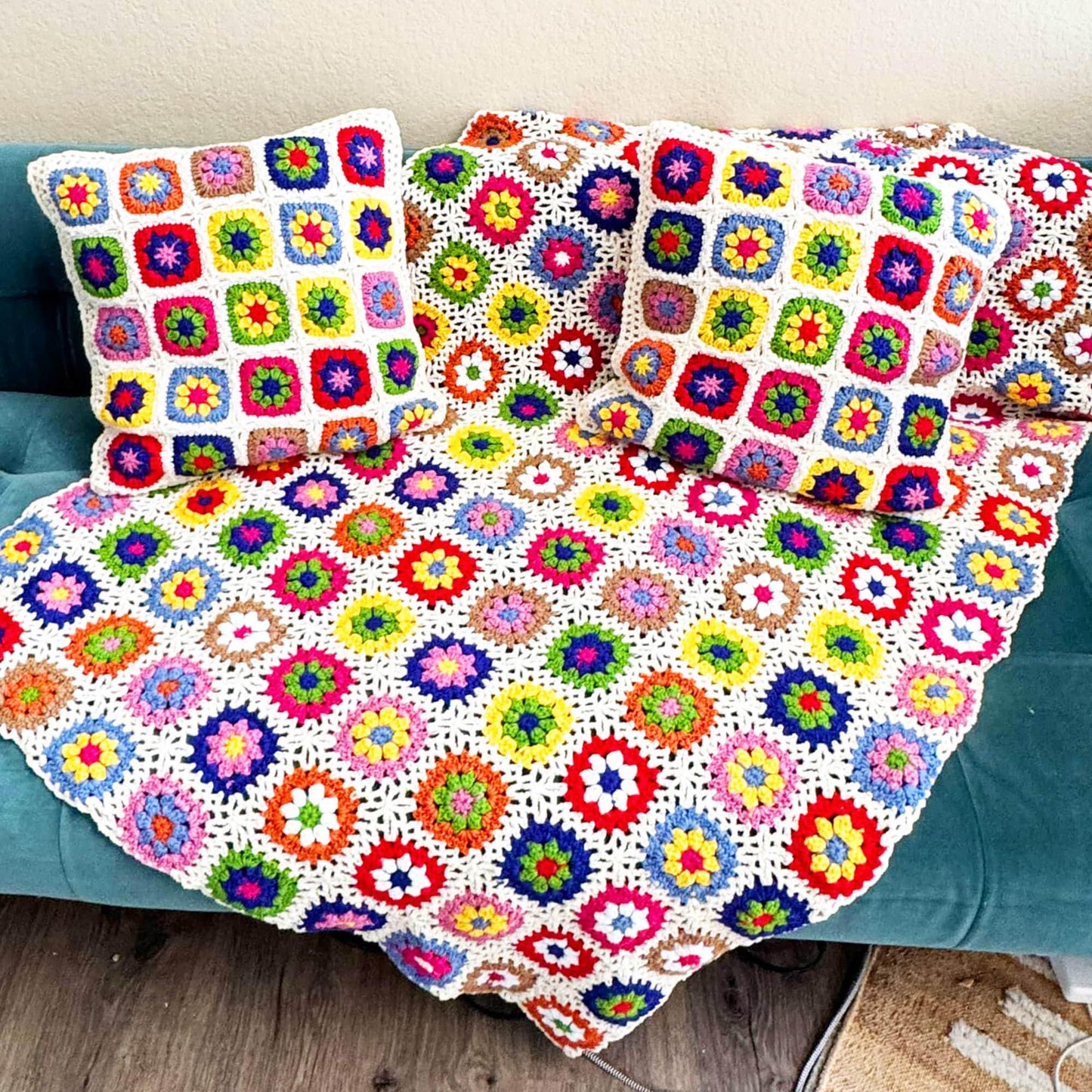 Handmade Crochet Granny Square Throw Blanket: Colorful Sofa Decor