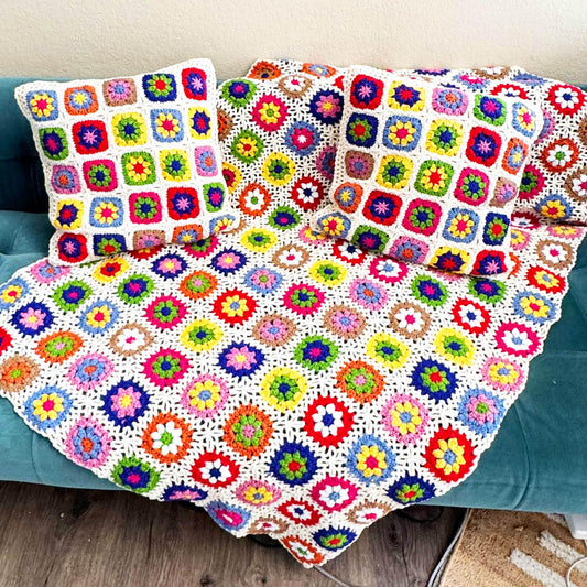 Handmade Crochet Granny Square Couch Throws | Sofa Blanket | White Red Yellow Green Blue | Gift for Girlfriend Wife Mom