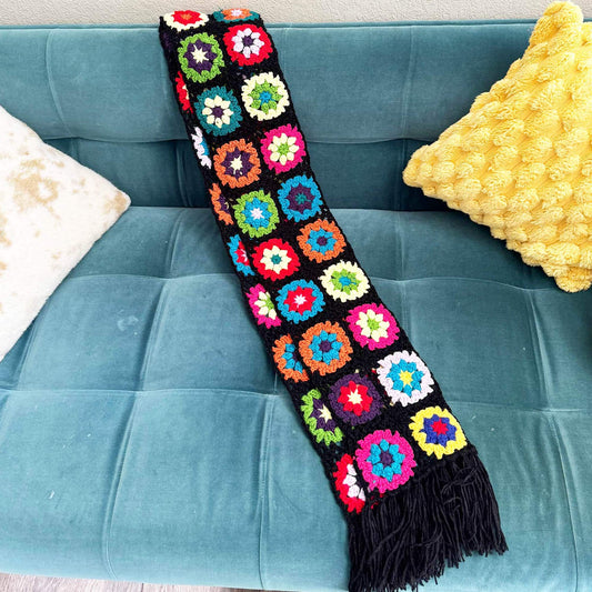 Handmade Crochet Granny Square Scarf | Black Red Yellow Green Blue | Winter Gift for Girlfriend Wife Mom | Craft Present | Knitted Fashion