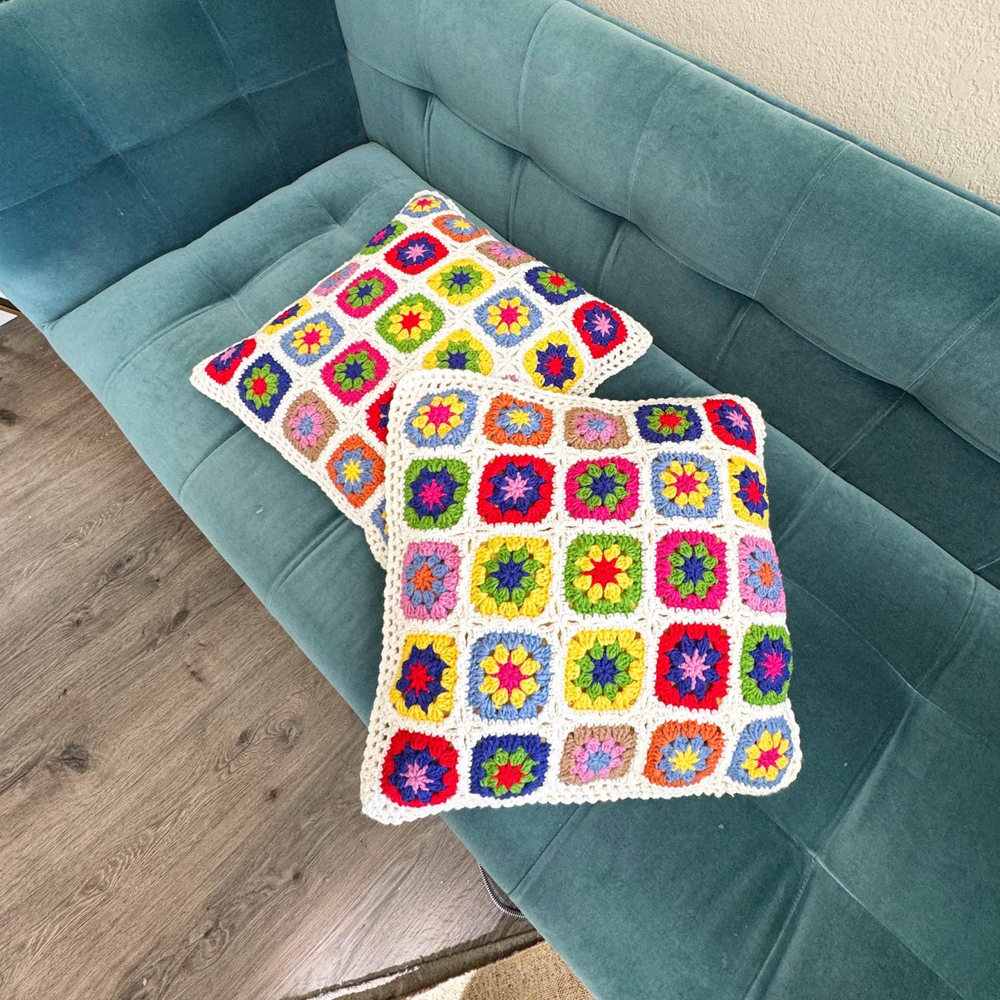 Handmade Crochet Granny Square Throw Blanket: Colorful Sofa Decor