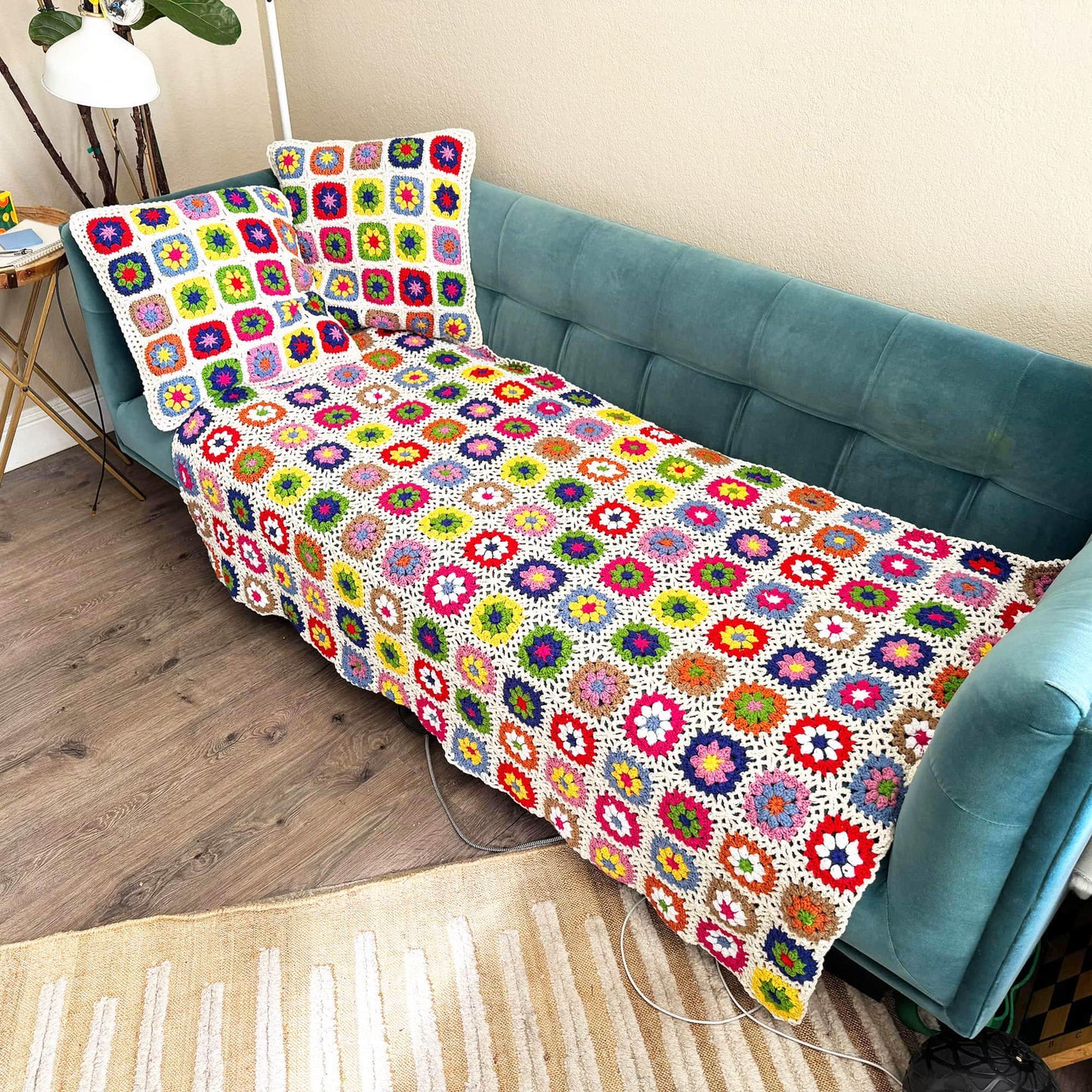 Handmade Crochet Granny Square Throw Blanket: Colorful Sofa Decor