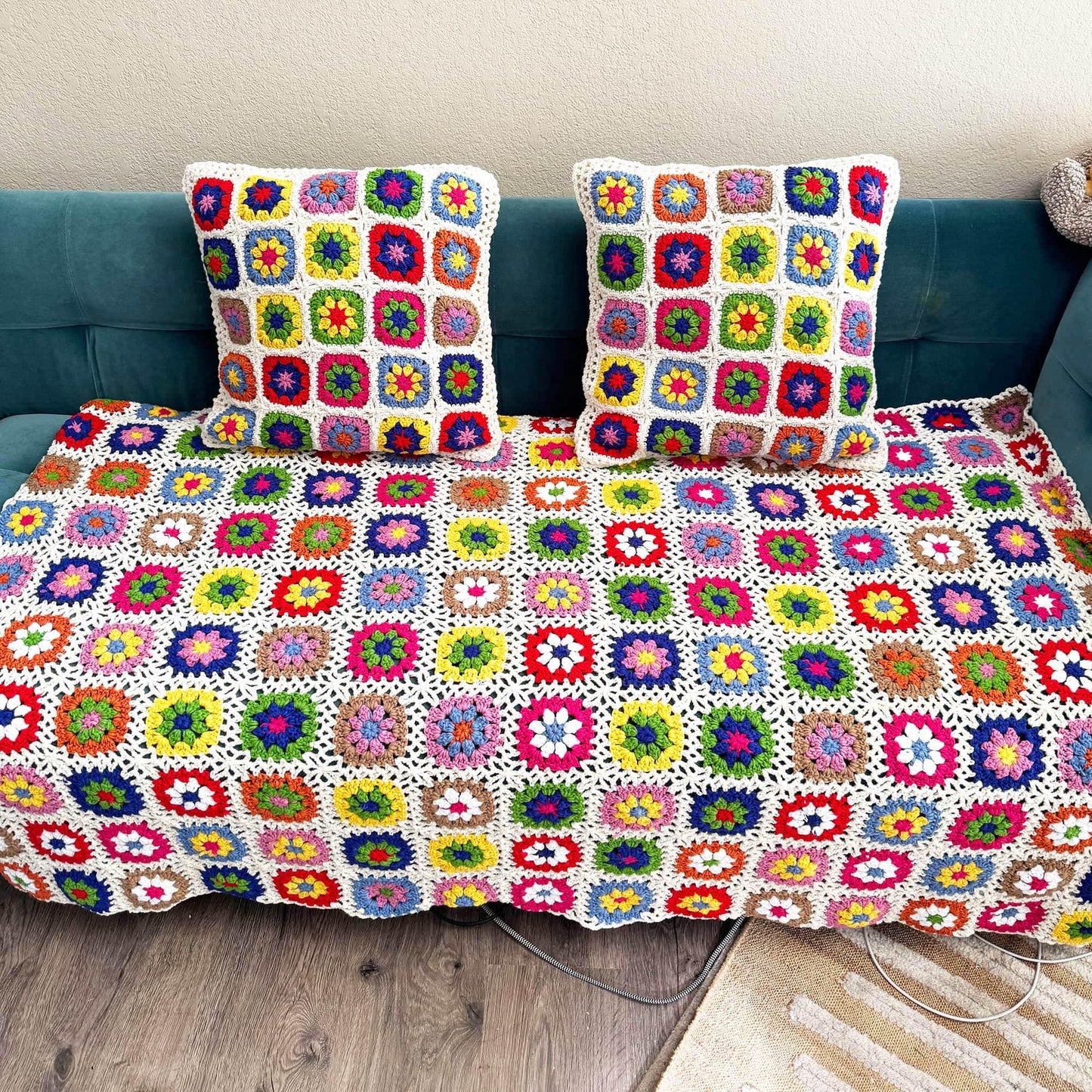 Handmade Crochet Granny Square Throw Blanket: Colorful Sofa Decor