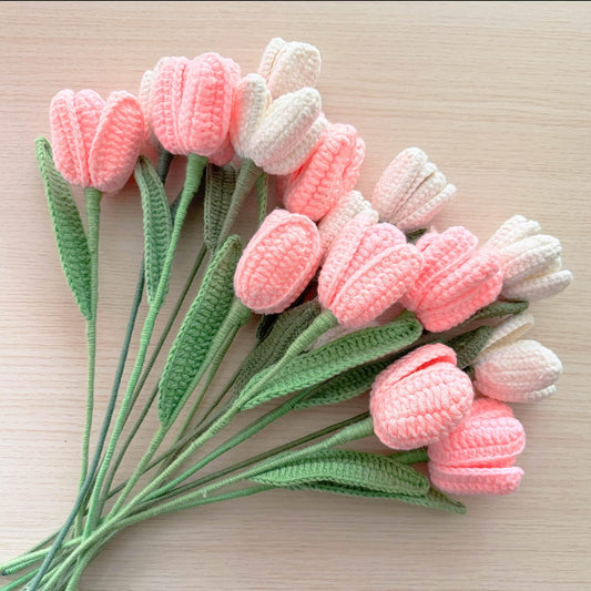 Handmade Crochet Tulip Flower Stems (no vase) | Pink | Bouquet | Gift for Mom Girlfriend Teacher | Artificial Plant | Flowers Arrangement