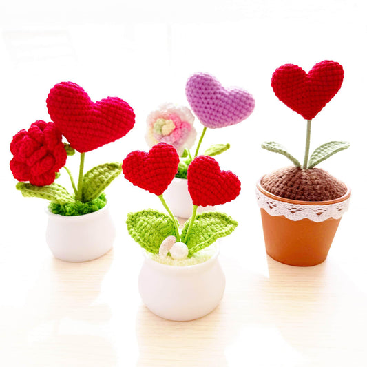 Handmade Finished Crochet Heart Flower Pot | Pink | Red | Blue | Rose | Forget me not | Decorative Plants | Girlfriend | Valentine Gift