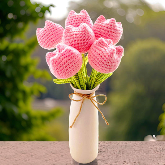 Handmade Crochet Tulip Flower Stems (no vase) | Pink | Bouquet | Gift for Mom Girlfriend Teacher | Artificial Plant | Flowers Arrangement