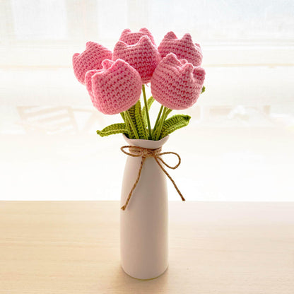Handmade Crochet Tulip Flower Stems (no vase) | Pink | Bouquet | Gift for Mom Girlfriend Teacher | Artificial Plant | Flowers Arrangement