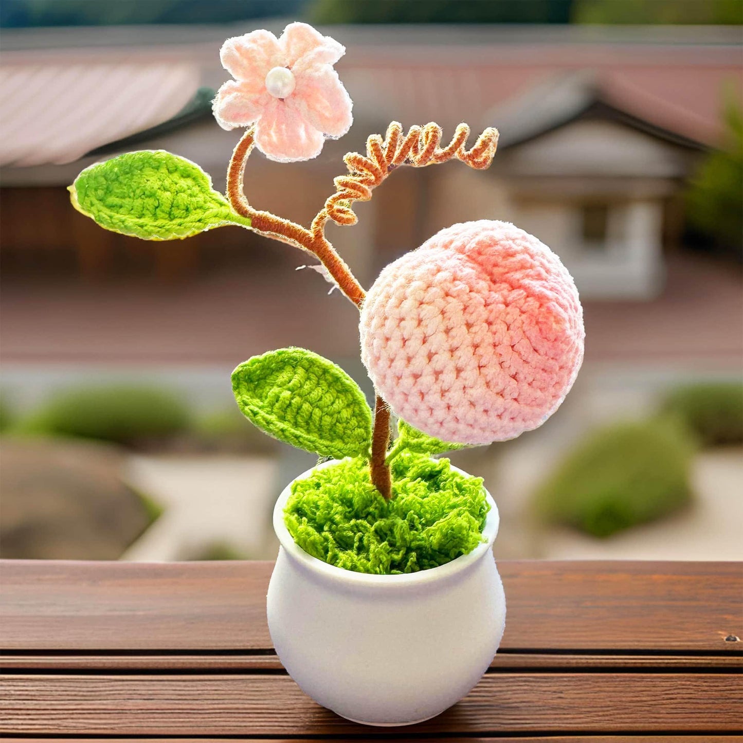 Handmade Crochet Peach Tree | Pink Flower | Green Fruit | Home Decor | Gift | Birthday | Teacher | Student | Girlfriend | Wife | Mother
