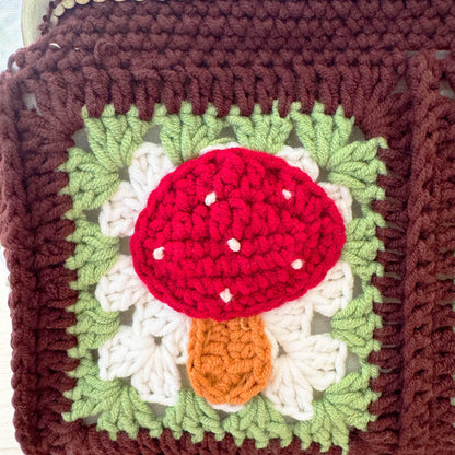Handmade Crochet Mushroom Bamboo Pouch Clutch Bag | Red | Green | White | Brown | Granny Square Purse | Easter Accessory