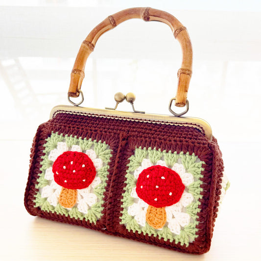 Handmade Crochet Mushroom Bamboo Pouch Clutch Bag | Red | Green | White | Brown | Granny Square Purse | Easter Accessory