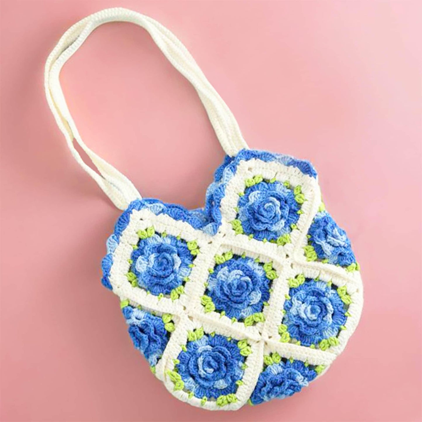 Handmade Crochet Blue Rose Granny Square Tote Bag | White Blue Green | Gift for Girlfriend Wife Mom | Craft Present | Grocery