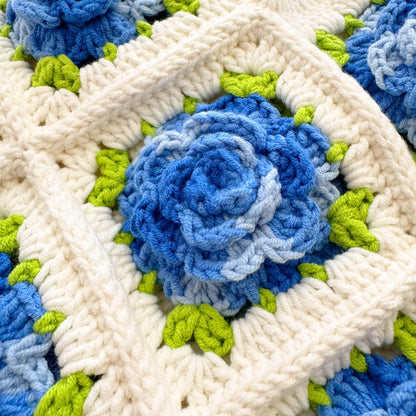 Handmade Crochet Blue Rose Granny Square Tote Bag | White Blue Green | Gift for Girlfriend Wife Mom | Craft Present | Grocery